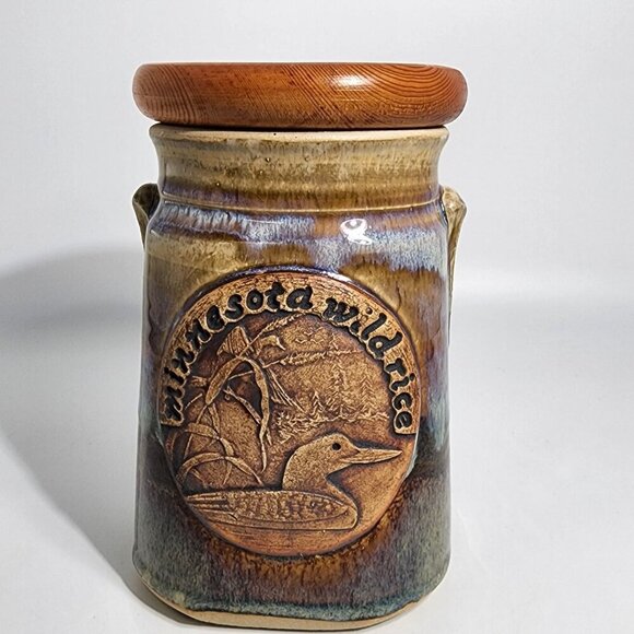Vintage Wild Rice Blue Pottery Crock Canister Wood with Lid Duck Scene Minnesota - Picture 1 of 11